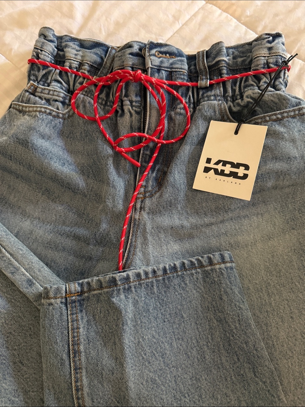 Jeans  Light Blue Denim Barrel Pants with Red Drawstring